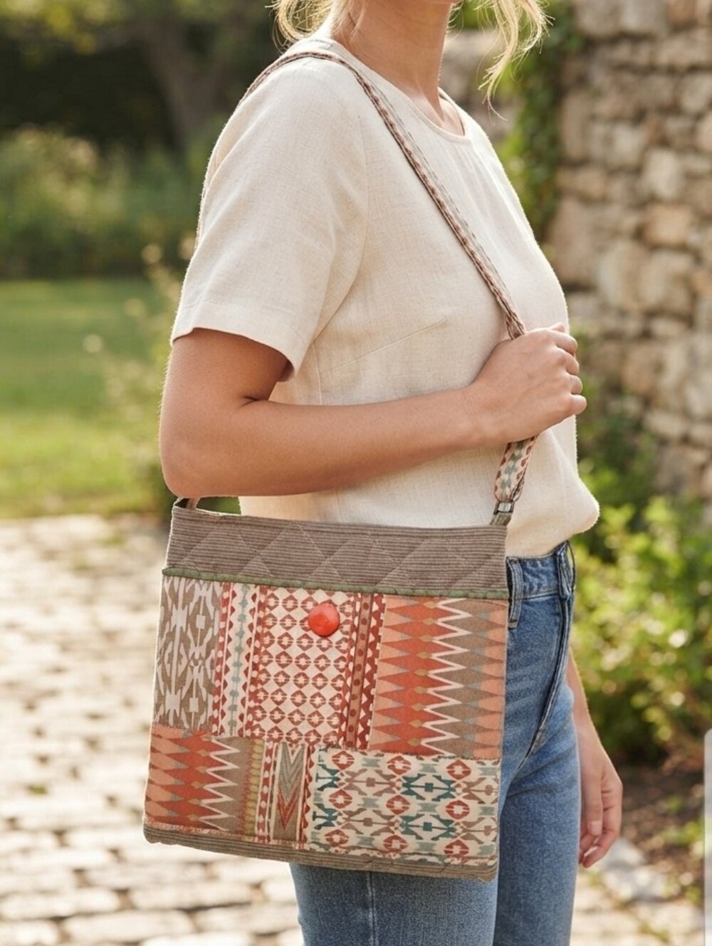 Southwestern Quilted Patchwork Crossbody Bag Boho Flat Messenger Purse Orange